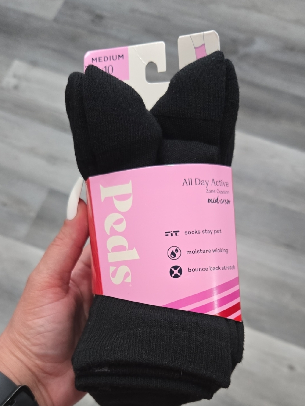Peds All Day Active Mid-Crew Socks - Black Size 5-10